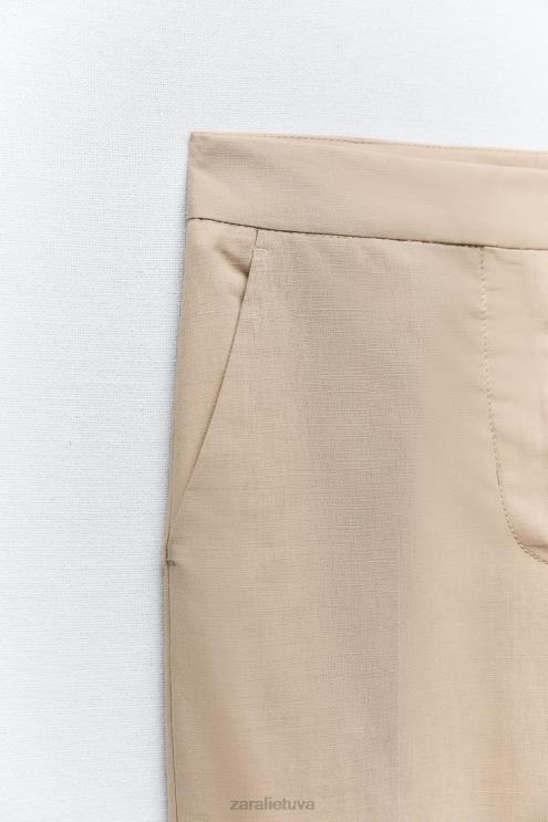 moterys Zara lino mišinio tiesios kelnės smėlis apranga 4N488887