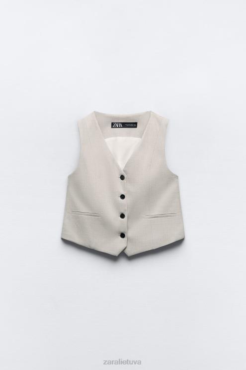 moterys Zara pasiūta trumpa liemenė pilka/smėlio spalvos apranga 4N488882