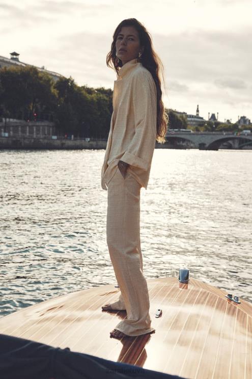 moterys Zara raukšlės atrodo tiesios kelnės ekru apranga 4N488907