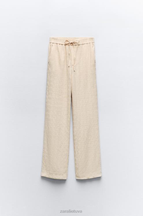 moterys Zara raukšlės atrodo tiesios kelnės ekru apranga 4N488907