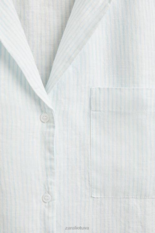 moterys Zara dryžuoti lininiai marškiniai šviesiai mėlynas apranga 4N4881806