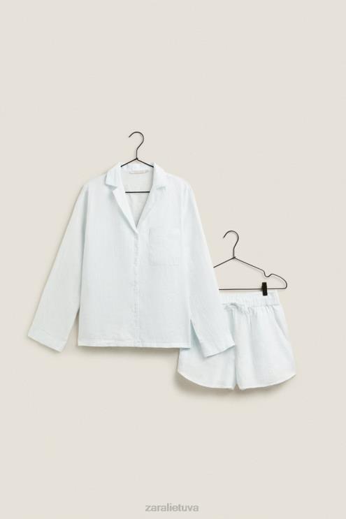 moterys Zara dryžuoti lininiai marškiniai šviesiai mėlynas apranga 4N4881806