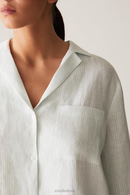 moterys Zara dryžuoti lininiai marškiniai šviesiai mėlynas apranga 4N4881806