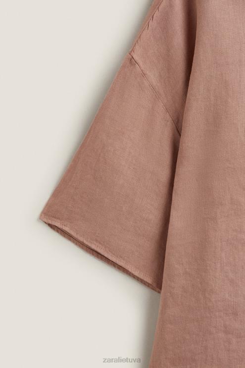 moterys Zara lininiai marškiniai trumpomis rankovėmis blyškiai rožinė apranga 4N4881816
