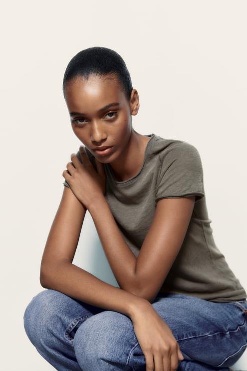 moterys Zara pasiūti medvilniniai marškinėliai tamsus antracitas apranga 4N488942