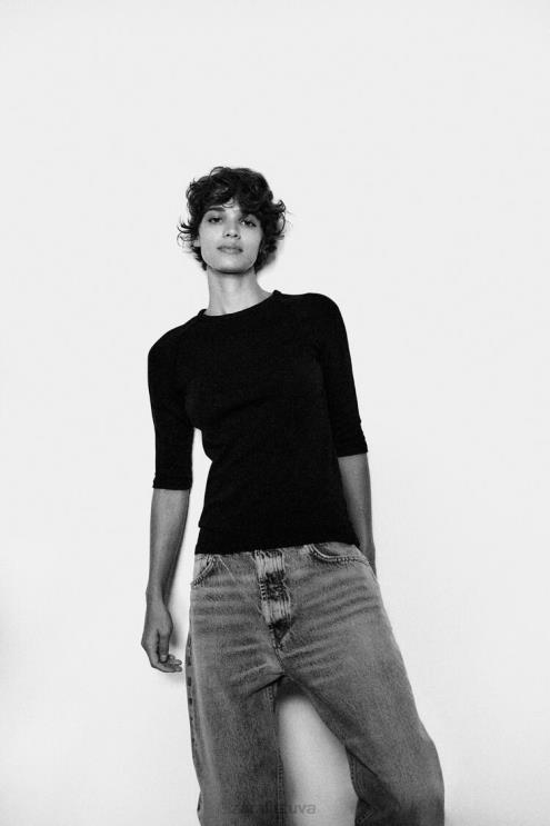 moterys Zara sunkūs medvilniniai marškinėliai juodas apranga 4N488943