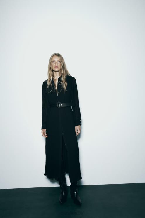 moterys Zara Suknelė, klostuota diržu juodas apranga 4N488232