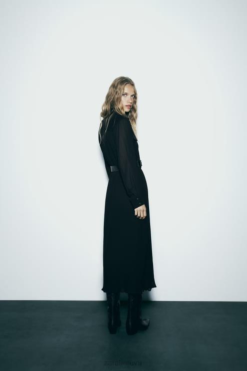 moterys Zara Suknelė, klostuota diržu juodas apranga 4N488232