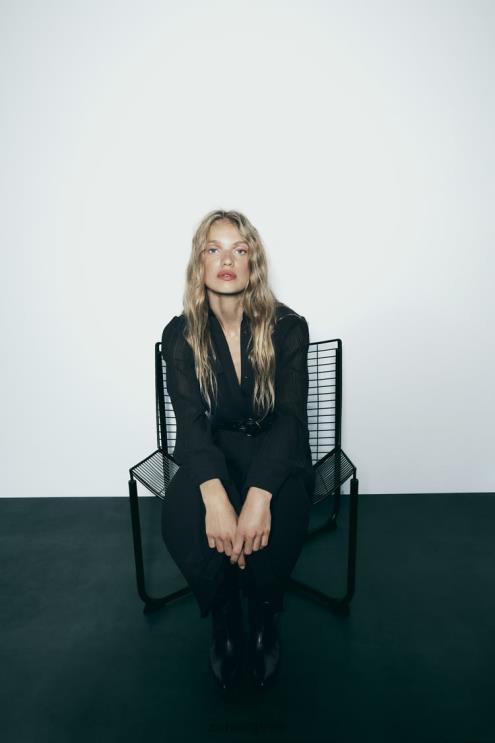 moterys Zara Suknelė, klostuota diržu juodas apranga 4N488232