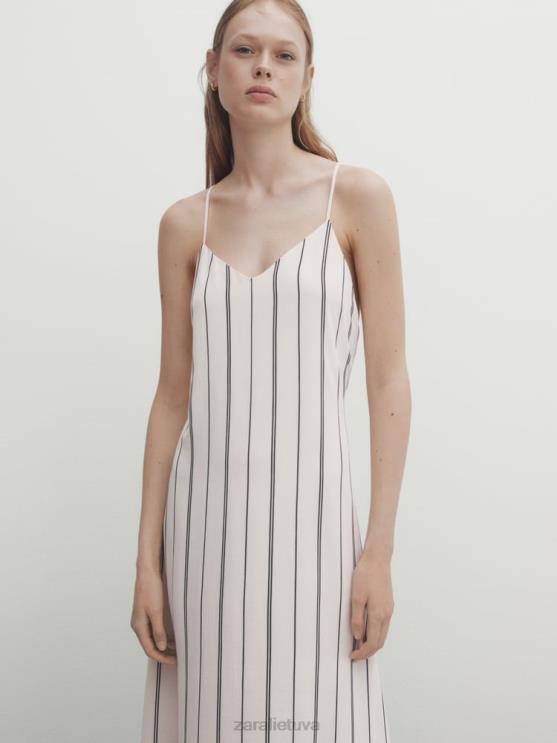 moterys Zara dryžuota besiplečianti juostele midi suknelė ekru apranga 4N488848