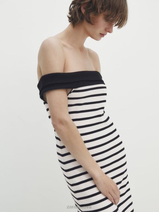 moterys Zara dryžuota midi suknelė su kontrastiniu kaklu austrių baltumo apranga 4N488866