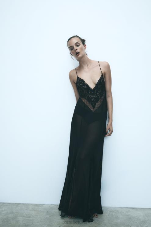 moterys Zara gipiūro apdaila žoržeto suknelė juodas apranga 4N488236