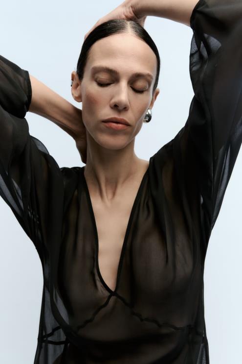 moterys Zara ilga pusiau permatoma suknelė juodas apranga 4N488829