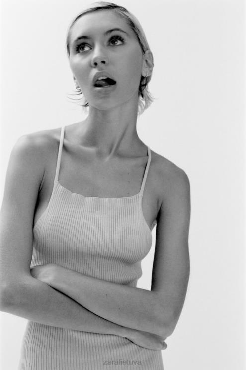 moterys Zara rievėta trikotažinė suknelė smėlio spalvos apranga 4N488229