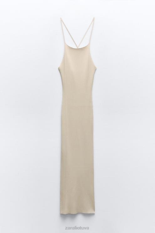 moterys Zara rievėta trikotažinė suknelė smėlio spalvos apranga 4N488229