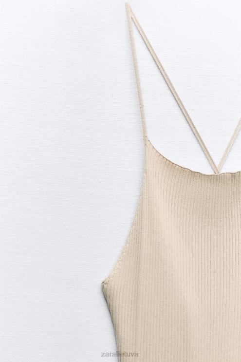moterys Zara rievėta trikotažinė suknelė smėlio spalvos apranga 4N488229
