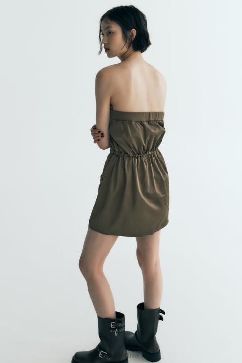 moterys Zara suknelė be petnešėlių tamsi chaki apranga 4N488240