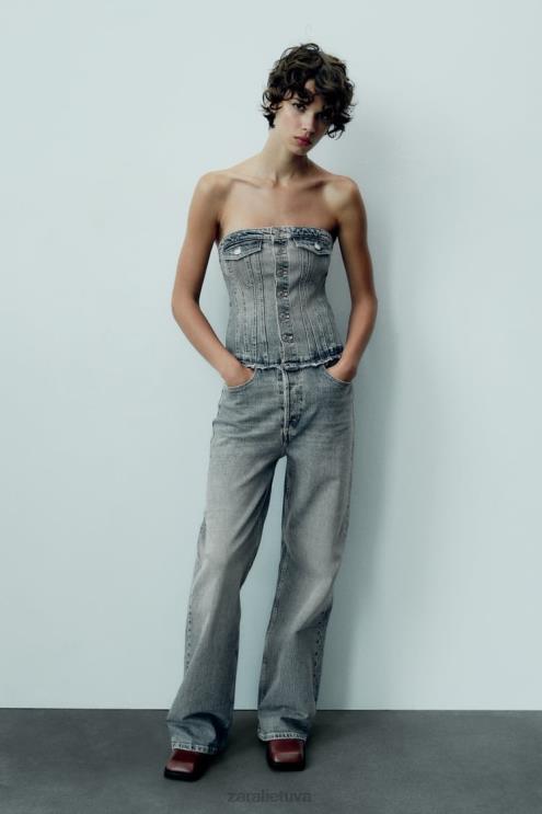 moterys Zara trf džinsinis kombinezonas be petnešėlių tamsiai mėlyna apranga 4N488246