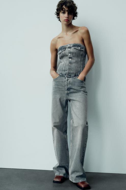 moterys Zara trf džinsinis kombinezonas be petnešėlių tamsiai mėlyna apranga 4N488246