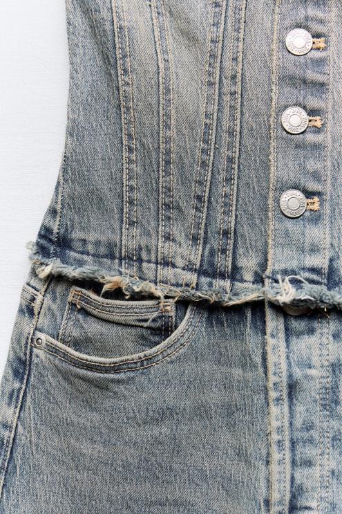 moterys Zara trf džinsinis kombinezonas be petnešėlių tamsiai mėlyna apranga 4N488246