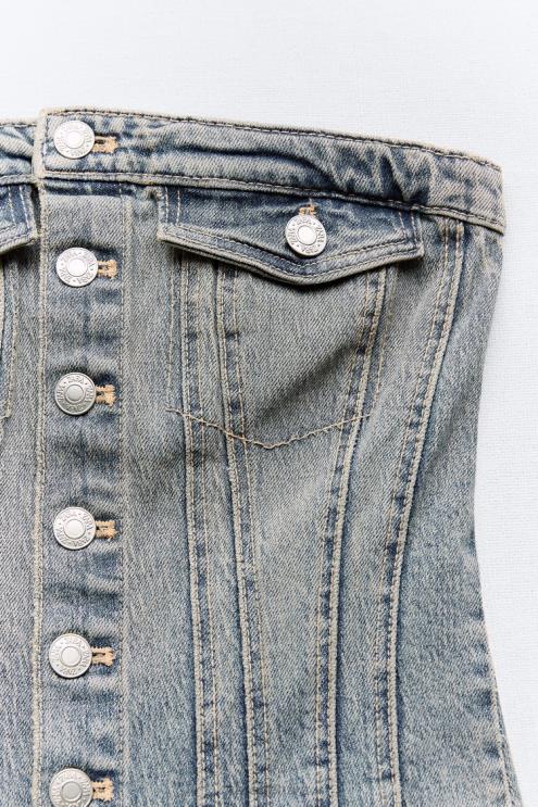 moterys Zara trf džinsinis kombinezonas be petnešėlių tamsiai mėlyna apranga 4N488246