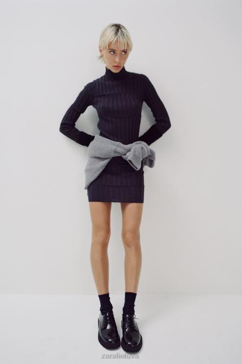 moterys Zara trikotažinė suknelė su briaunuotu kaklu antracito pilka apranga 4N488227