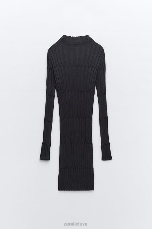 moterys Zara trikotažinė suknelė su briaunuotu kaklu antracito pilka apranga 4N488227
