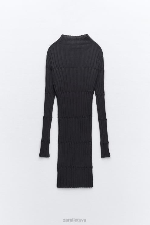 moterys Zara trikotažinė suknelė su briaunuotu kaklu antracito pilka apranga 4N488227