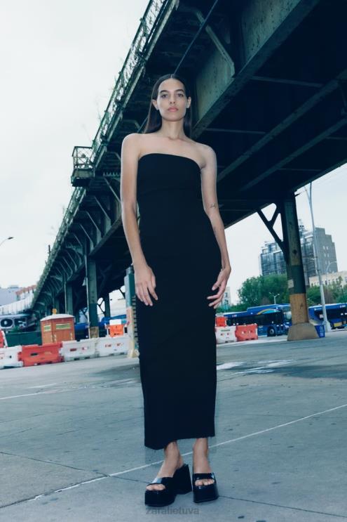 moterys Zara zw džinsinė suknelė be petnešėlių juodas apranga 4N488237