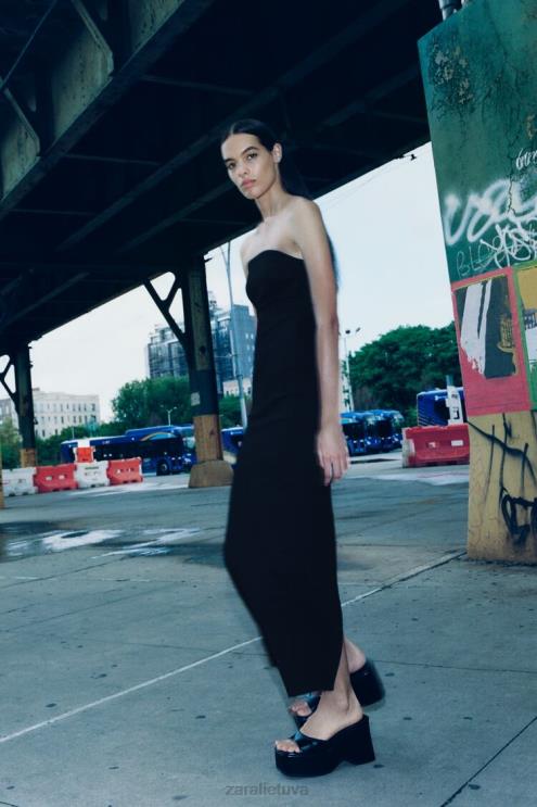 moterys Zara zw džinsinė suknelė be petnešėlių juodas apranga 4N488237