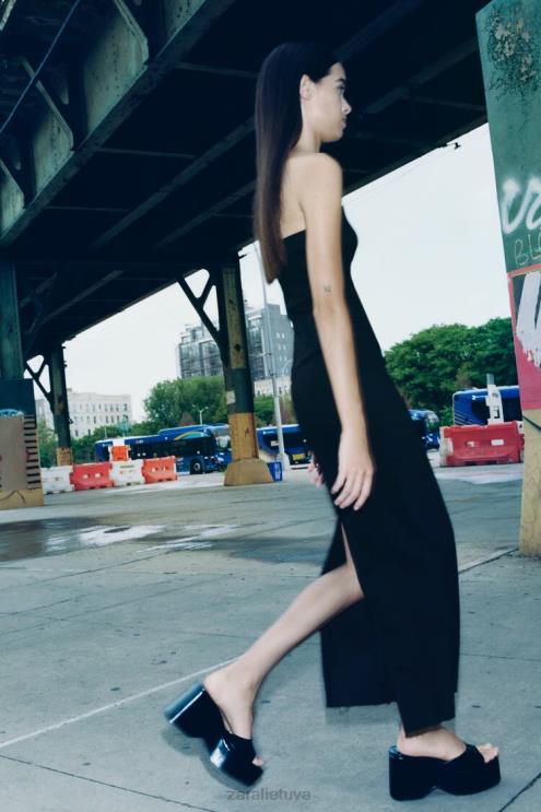 moterys Zara zw džinsinė suknelė be petnešėlių juodas apranga 4N488237