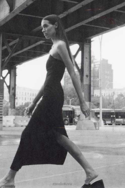 moterys Zara zw džinsinė suknelė be petnešėlių juodas apranga 4N488237