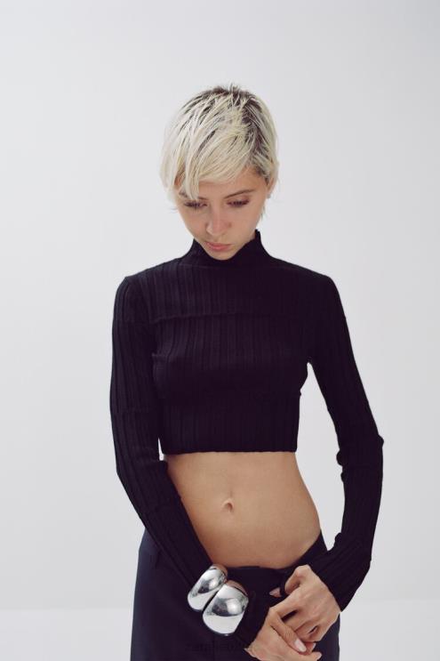 moterys Zara crop briaunotas megztinis juodas apranga 4N488480