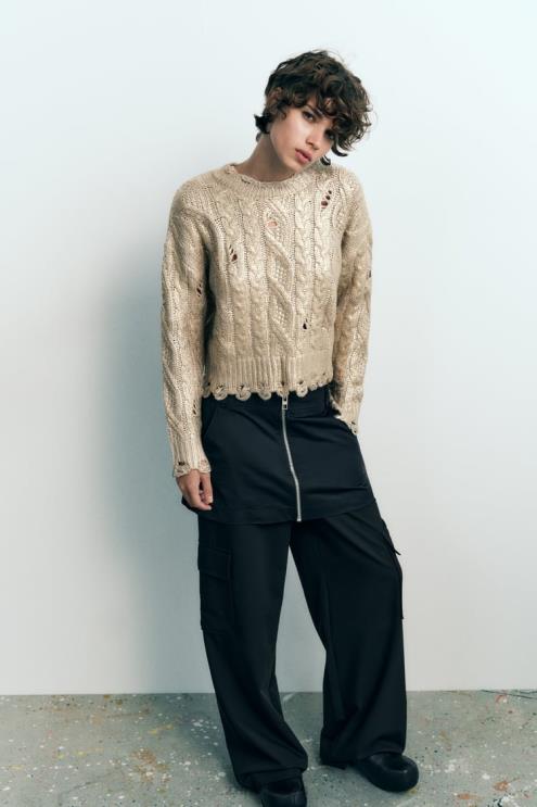 moterys Zara kabeliu megztas metalinis megztinis šviesi audinė apranga 4N488941