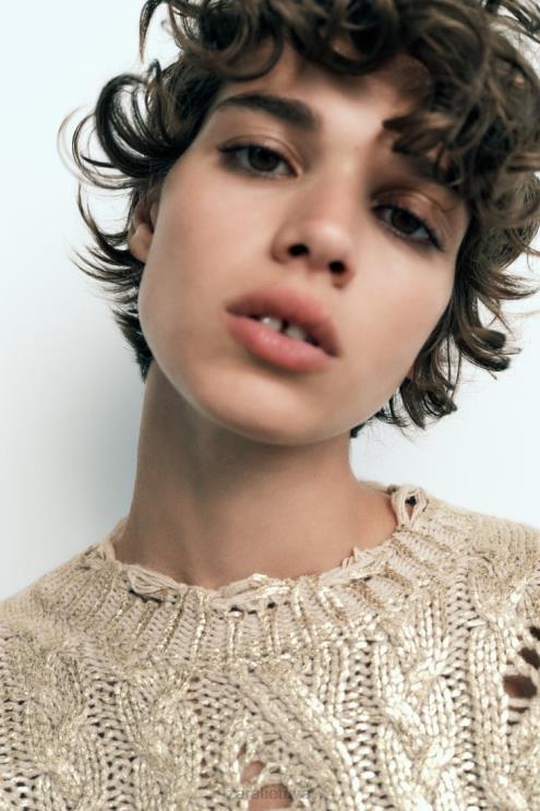 moterys Zara kabeliu megztas metalinis megztinis šviesi audinė apranga 4N488941