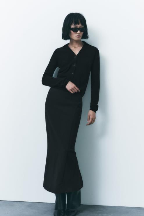 moterys Zara 100% vilnos megztas polo megztinis juodas apranga 4N488268