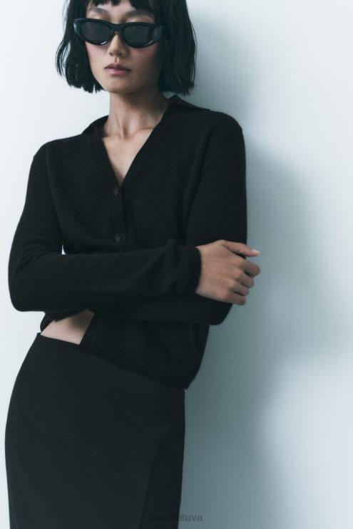 moterys Zara 100% vilnos megztas polo megztinis juodas apranga 4N488268