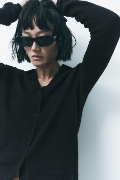 moterys Zara 100% vilnos megztas polo megztinis juodas apranga 4N488268