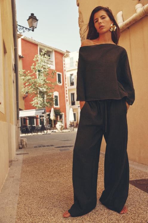 moterys Zara Asimetriškas lino mišinio viršus tamsiai rudas apranga 4N488280