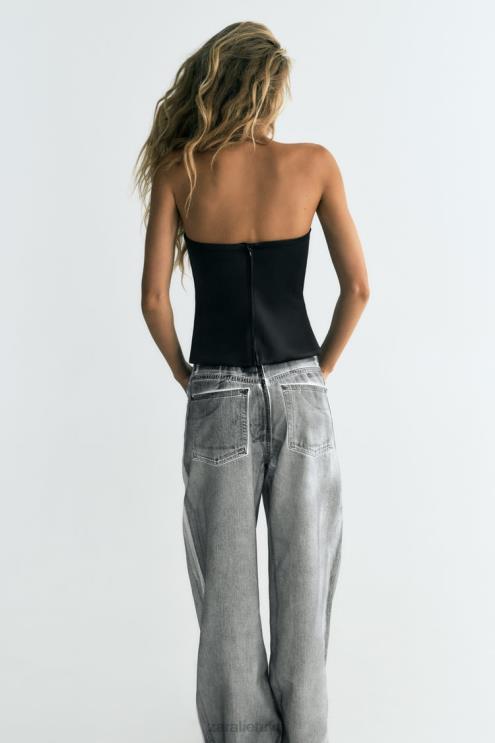 moterys Zara Satino efekto viršus be petnešėlių juodas apranga 4N488277