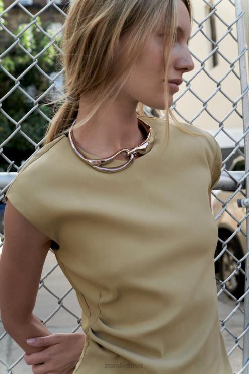 moterys Zara asimetriškas rumbuotas viršus šviesus chaki apranga 4N488282