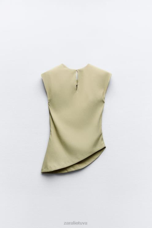 moterys Zara asimetriškas rumbuotas viršus šviesus chaki apranga 4N488282