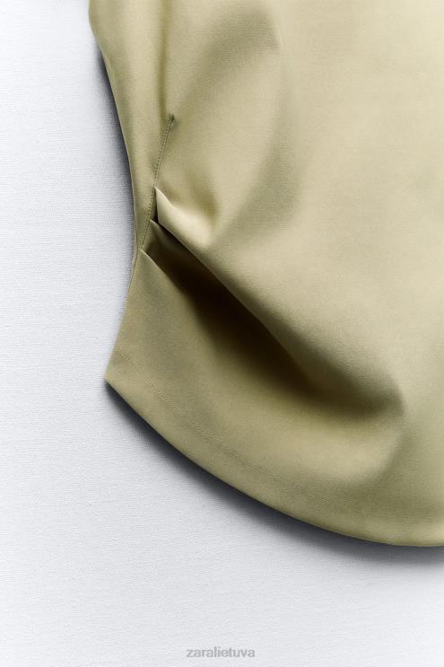 moterys Zara asimetriškas rumbuotas viršus šviesus chaki apranga 4N488282