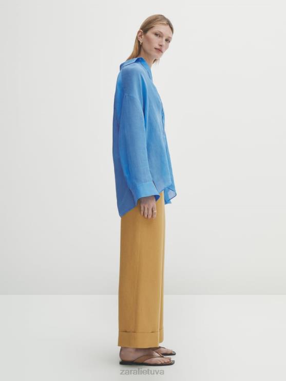 moterys Zara kostiuminės kelnės su atverčiamais krašteliais šampanas apranga 4N488840