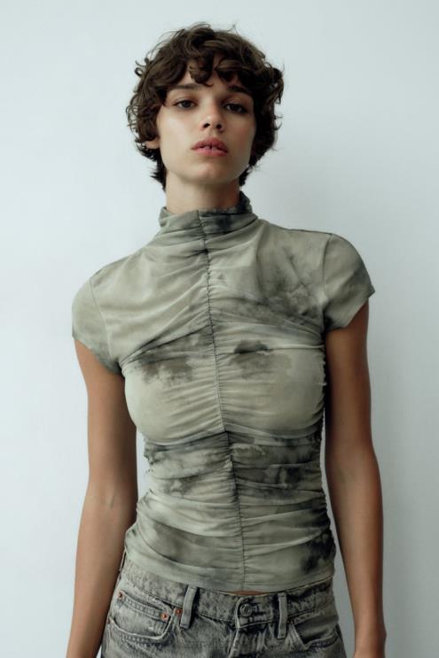 moterys Zara margintas tiulio viršus žalumynai apranga 4N488260