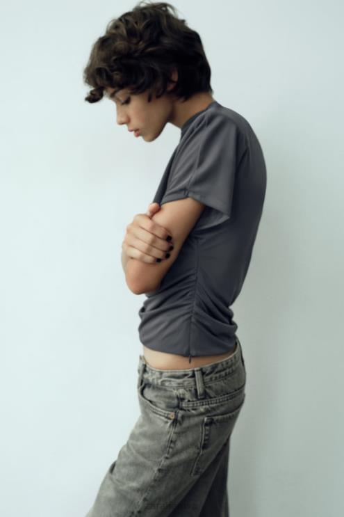 moterys Zara šoninis rumbuotas viršus antracito pilka apranga 4N488258