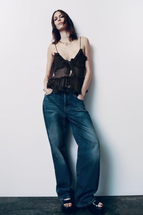 moterys Zara raukšlėtas pusiau permatomas viršus antracito pilka apranga 4N488271