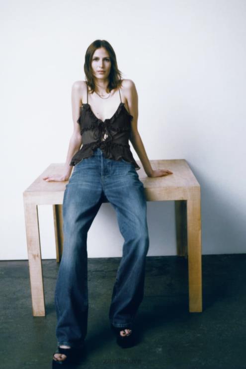 moterys Zara raukšlėtas pusiau permatomas viršus antracito pilka apranga 4N488271