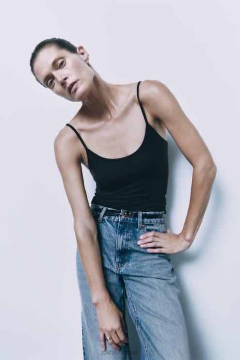 moterys Zara spagečių juostele elastingas viršus juodas apranga 4N488876