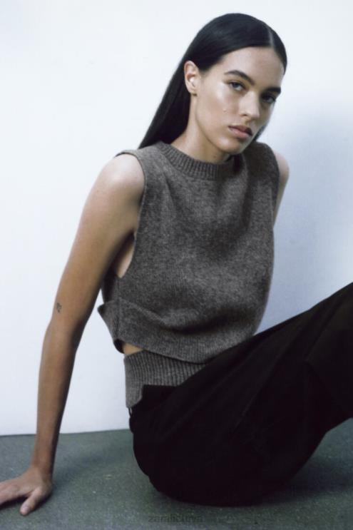 moterys Zara iškirptas megztas vilnos mišinio megztinis vidurio pilka apranga 4N488200